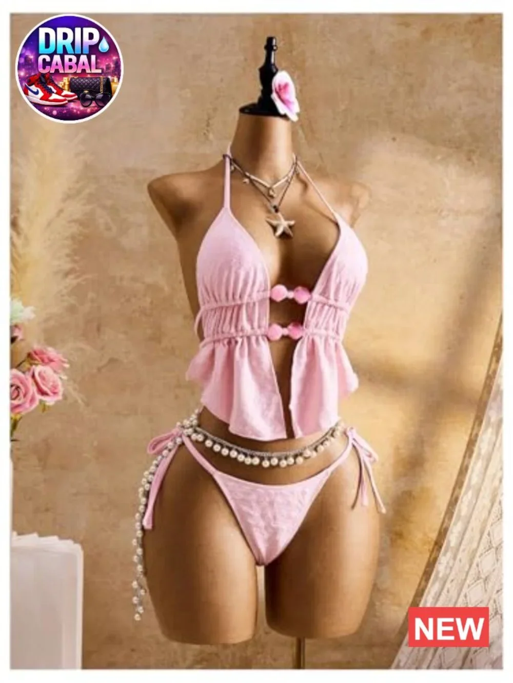 2 Piece Beaded Halter Tankini Swimsuit Self Tie Slit Asymmetrical Tops with